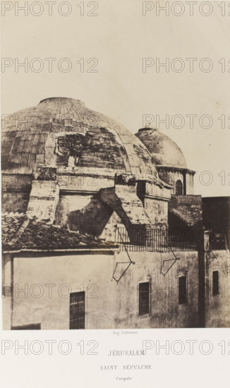 Jerusalem. Saint Sepulcre. Coupole, Dome of the Church of the Holy Sepulcher in Jerusalem, photograph, page, photographer: Auguste Salzmann, Jerusalem, printer (person): Louis-Désiré Blanquart-Evrard, Lille, publisher: Gide et J. Baudry, Paris, 1854 - 1856, printer (person), pasteboard, paper, salted paper print, height 216 mm x width 150 mm, Photo on unnumbered page., parts of church exterior and annexes (with NAME), Church of the Holy Sepulcher, A sepia-toned photograph showing the upper portion of an aged stone building with a large rounded dome in the foreground and a smaller rounded dome behind it, both showing worn and patched surfaces with visible masonry lines; beneath the domes the structure includes heavy buttresses, an arched opening, and a terrace with a metal railing casting shadows onto the wall below; in front of the terrace a lower building with a tiled roof and plastered walls is visible, with several rectangular windows and metal brackets projecting from the wall; the...