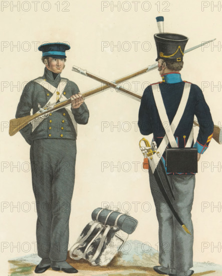 Corporal and Fusilier of the General Depot of the Army, print, A Dutch corporal and fusilier of the General Depot of the Army. With crossed rifles. Plate 23. Uniform representation in 'Description of the Royal Dutch Troops' by JF Teupken, 1823., printmaker: Dirk Sluyter, Netherlands, after drawing by Bartholomeus Johannes van Hove, publisher: Jan Frederik Teupken, publisher: Gebroeders van Cleef, printer (person): Giunta d'Albani, Gebroeders, The Hague, 1823, Dirk Sluyter, Bartholomeus Johannes van Hove, Jan Frederik Teupken, Gebroeders van Cleef, Giunta d'Albani, printer (person), paper, etching, engraving, hand coloring, etching and engraving, hand colored, height 300 mm x width 205 mm, (military) uniforms, uniform, fusiliers, Period, 1820 - 1823, Two uniformed men stand facing each other with crossed long rifles; the man on the left faces forward wearing a dark jacket with a high collar and a flat cap with a contrasting band, white crossed shoulder straps, and brass buttons, holding...
