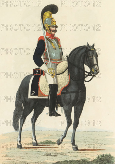 Curassier, on horseback, in large uniform, print, A Dutch cuirassier of the 2nd Regiment of Cuirassiers, in large uniform. Plate 32. Uniform representation in 'Description of the Royal Dutch Troops' by JF Teupken, 1823., printmaker: Abraham Lion Zeelander, Netherlands, after drawing by J. en VH, publisher: Jan Frederik Teupken, publisher: Gebroeders van Cleef, printer (person): Giunta d'Albani, Gebroeders, The Hague, 1823, Abraham Lion Zeelander, J. en VH, Jan Frederik Teupken, Gebroeders van Cleef, Giunta d'Albani, printer (person), J. and VH, paper, etching, engraving, hand coloring, etching and engraving, hand colored, height 300 mm x width 205 mm, (military) uniforms, uniform, Period, 1820 - 1823, A mounted soldier in ornate uniform sits astride a dark horse; the soldier wears a tall, gold helmet topped with a black plume and a decorative crest, a metallic breastplate with red shoulder coverings, dark sleeves, white gloves, and high black riding boots, and he holds a long lance and...