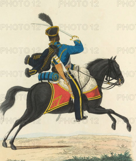 Hussar, on horseback, in full dress, print, A Dutch hussar of the 8th Hussar Regiment, in full dress. Plate 36. Uniform representation in 'Description of the Royal Dutch Troops' by JF Teupken, 1823., printmaker: Joannes Bemme, Netherlands, after drawing by J. en VH, publisher: Jan Frederik Teupken, publisher: Gebroeders van Cleef, printer (person): Giunta d'Albani, Gebroeders, The Hague, 1823, Joannes Bemme, J. en VH, Jan Frederik Teupken, Gebroeders van Cleef, Giunta d'Albani, printer (person), J. and VH, paper, etching, engraving, hand coloring, etching and engraving, hand colored, height 300 mm x width 205 mm, (military) uniforms, uniform, hussars, Period, 1820 - 1823, A uniformed rider seen from behind sits astride a black horse in mid-stride, the rider wearing a dark hat with a tall dark plume, a blue coat with gold trim and epaulets, dark trousers with a gold stripe, white gloves, and a dark fur-lined cloak with decorative gold braiding; a sword is held aloft in the rider’s right...