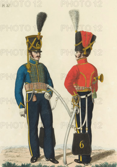 Hussar and Trumpeter, on foot, print, A Dutch hussar and a trumpeter of the 6th Hussar Regiment, on foot. Plate 37. Uniform representation in 'Description of the Royal Dutch Troops' by JF Teupken, 1823., printmaker: Dirk Sluyter, Netherlands, after drawing by Bartholomeus Johannes van Hove, publisher: Jan Frederik Teupken, publisher: Gebroeders van Cleef, printer (person): Giunta d'Albani, Gebroeders, The Hague, 1823, Dirk Sluyter, Bartholomeus Johannes van Hove, Jan Frederik Teupken, Gebroeders van Cleef, Giunta d'Albani, printer (person), paper, etching, engraving, hand coloring, etching and engraving, hand colored, height 300 mm x width 205 mm, (military) uniforms, uniform, hussars, Period, 1820 - 1823, Two uniformed men stand facing each other, one shown frontally and the other in profile, both wearing tall fur hats topped with plumes and adorned with gold braiding; the man on the left wears a blue jacket with elaborate gold frogging, a wide woven sash around his waist, dark trouse...