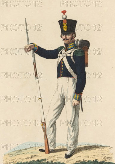 Flanker, Troops in the East Indies, print, A flanker of the Dutch troops in the East Indies. Plate 42. Uniform representation in 'Description of the Royal Dutch Troops' by JF Teupken, 1823., printmaker: Dirk Sluyter, Netherlands, after drawing by Bartholomeus Johannes van Hove, publisher: Jan Frederik Teupken, publisher: Gebroeders van Cleef, printer (person): Giunta d'Albani, Gebroeders, The Hague, 1823, Dirk Sluyter, Bartholomeus Johannes van Hove, Jan Frederik Teupken, Gebroeders van Cleef, Giunta d'Albani, printer (person), paper, etching, engraving, hand coloring, etching and engraving, hand colored, height 300 mm x width 205 mm, (military) uniforms, uniform, flankeurs, Dutch East Indies, The, Period, 1820 - 1823, A colored illustration of a uniformed soldier standing on grassy ground, wearing a dark tall shako hat with a plume and a badge, a dark blue coat with green shoulder straps and yellow-trimmed collar, white crossbelts across the chest, white trousers, and black shoes; he ...