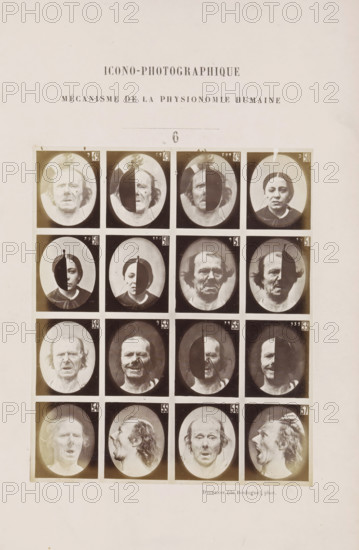 Overview of subjects with various facial expressions: 'un vieillard' and 'une jeune femme', Icono-Photographique, photograph, page, Unnumbered page with photo 6 from Mécanisme de la physionomie humaine ou analyze électro-physiologique de l'expression des passions (Atlas)., photographer: Guillaume Benjamin Amand Duchenne, France, publisher: JB Baillière et Fils, Paris, c. 1860 - in or before 1862, Guillaume Benjamin Amand Duchenne, JB Baillière et Fils, photographer, publisher, paper, albumen print, albumendruk, height 135 mm x width 113 mm, adult woman, experiment, test, science and technology, old man, face, morphology of facial expression, physiology and anatomy, physiognomy, nervous system, neurology, A sheet with a grid of oval portrait photographs arranged in rows and columns, each portrait mounted on a dark square background; many portraits show close-up faces with varying facial expressions and some faces partially obscured by dark oval shapes, while others show profile views; t...