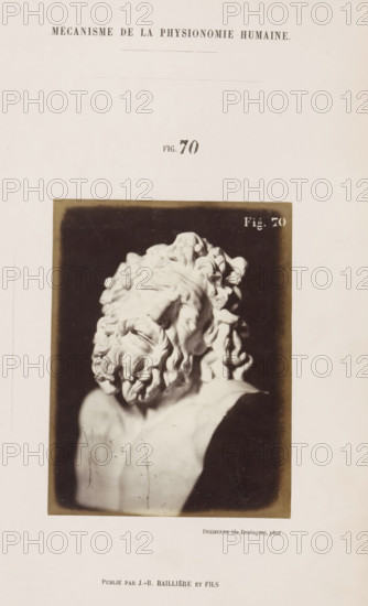 Image of 'Laocoon de Rome', photograph, page, Unnumbered page with photo 70 from Mécanisme de la physionomie humaine ou analyze électro-physiologique de l'expression des passions (Atlas)., photographer: Guillaume Benjamin Amand Duchenne, France, publisher: JB Baillière et Fils, Paris, c. 1860 - in or before 1862, Guillaume Benjamin Amand Duchenne, JB Baillière et Fils, photographer, publisher, paper, albumen print, albumendruk, height 118 mm x width 92 mm, piece of sculpture, reproduction of a piece of sculpture, experiment, test, science and technology, face, morphology of facial expression, physiology and anatomy, physiognomy, nervous system, neurology, A sepia-toned photograph of a sculpted bust showing a head tilted back and turned to the side, with deeply carved curly hair and a full curled beard, set against a dark rectangular background framed by a lighter border, mounted on a pale page.