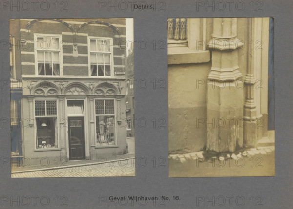 Facade Wijnhaven No. 16. Details, Facade and a pilaster of a building on the Wijnhaven in Delft, photograph, inscription: 'Delft. Early 16th century.', inscription: 'The right of reproduction of these photos is reserved by the Publisher.', number: '26', Delft, c. 1900 - c. 1904, photographer, paper, pasteboard, gelatin silver print, developed gelatin silver print, height 167 mm x width 223 mm, half-column, pilaster, architecture, ornament derived from architectural details, A sepia-toned image shows two adjacent photographic panels mounted on a textured dark background, the left panel depicting a building facade with patterned brickwork and horizontal lighter bands, arched decorative stonework above tall windows, a recessed doorway with a paneled door and leaded glass panes, display windows with visible objects and hanging lamps, and a cobbled street in front, while the right panel shows a close-up of a stone column and wall with layered molding, a windowsill, and a section of the pave...