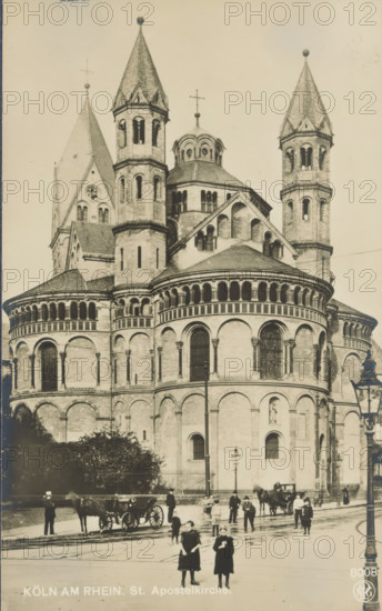 Köln an Rhein. St. Apostelkirche, View of the Apostle Church in Cologne, Bilder aus der Kunst aller Zeiten-Herausgeber: F. Grukendorf Mappe 5 Deutscher Kirchbau im Mittelalter, photograph, number: '3587', number: '8008', photographer: Neue Photographische Gesellschaft, Cologne, c. 1900 - in or before 1911, North Rhine-Westphalia, paper, pasteboard, gelatin silver print, developing gelatin silver print, height 138 mm x width 85 mm, church (exterior), four-wheeled, animal-drawn vehicle, eg: cab, carriage, coach, lantern, Apostles Church, A large stone church with rounded apses and multiple arched windows and arcades fills most of the image, showing several tall conical towers with small round finials and a central dome topped by a cross. The facade displays rows of small arches, pilasters, and decorative stonework, with a few sculpted niches visible. In front of the building a street scene shows people standing and walking, two girls in dark dresses in the foreground, horse-drawn carriag...