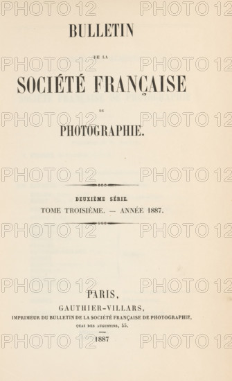 Bulletin de la Société française de photographie. Deuxième series. Tome troisième - année 1887, book, number: '694', printer (person): Gauthier-Villars, Paris, 1887, printer (person), pasteboard, biological material, paper, leather, marbled paper, blotting paper, textile materials, letterpress printing, cloud marbling, shell marbled paper, gold print, color on cut, engraving, autotype, height 236 mm x width 158 mm x thickness 21 mm, A vertically oriented aged paper with large bold printed headings centered across the page, decorative horizontal ornaments separating sections, and smaller lines of printed type grouped toward the middle and lower portions, all on a cream-colored background showing slight discoloration and minor spot marks.