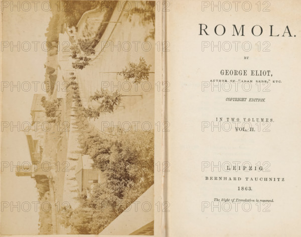 Romola, book, retailer's mark: 'Edward Goodban', inscription: 'vol. II 29 albumines dont, 9 reproductions', bookplate: 'Pax et spes, IA Pease', writer (clerical worker): George Eliot, publisher: Bernhard Tauchnitz, Leipzig, 1863, George Eliot, Bernhard Tauchnitz, writer (clerical worker), publisher, Saxony, pasteboard, biological material, paper, parchment (animal material), textile materials, letterpress printing, albumen print, color cut, gold print, whipsaw comb marble, height 160 mm x width 120 mm x thickness 30 mm, A two-page spread showing an open book with a sepia-toned photographic image on the left page and a pale blank page on the right, the left side containing an upside-down landscape photograph featuring buildings, trees, and pathways with variations in foliage density and architectural shapes, and the right side showing a light-colored page with faint printed markings and small spots of aging and discoloration, a vertical crease near the center where the pages meet, and o...