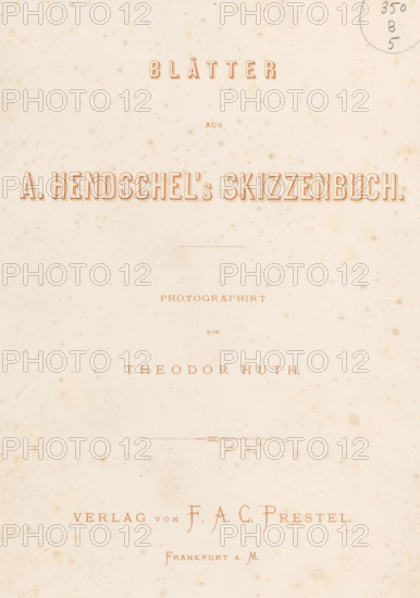 Pages from A. Hendschel's Sketchbook, wrapper, Cover with 50 photos on 48 pages, a list of illustrations and a title page., inscription: '257, 1 + 2 + 7', inscription: 'A..., 1265, all 49 pages, complete., f 15, =', photographer: Theodor Huth, after design by Albert Hendschel, photographer: Ferdinand August Christian Prestel, Frankfurt am Main, c. 1870, Theodor Huth, Albert Hendschel, Ferdinand August Christian Prestel, photographer, after design by, Hessen, textile materials, pasteboard, paper, linen (material), albumen print, printing, gold print, height 332 mm x width 254 mm x thickness 34 mm, A cream-colored page with an aged, spotted texture and several lines of decorative copper-colored serif lettering spaced vertically, a larger bold outlined title near the top, a thin horizontal ornament about midway, and more smaller serif lines and ornamental flourishes toward the lower half, with a faint circular stamp mark near the upper right edge.