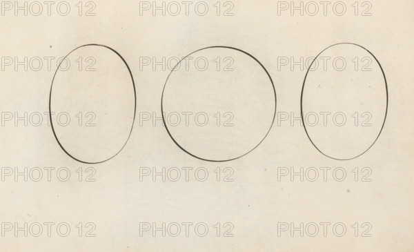 Three round shapes, closed, Mirror of Writing, print, album page, ornament print, From left to right: a standing oval, circle and standing oval., printmaker: Simon Frisius, Haarlem, after design by Jan van de Velde (I), Rotterdam, 1605, paper, engraving, gravure, height 210 mm x width 320 mm, calligraphy, circle (, planimetry, geometry), A wide, light beige background with subtle paper texture shows three large hand-drawn oval outlines spaced horizontally across the upper half, each oval rendered in thin dark lines that vary slightly in thickness, with faint smudges and small spots scattered on the surface.