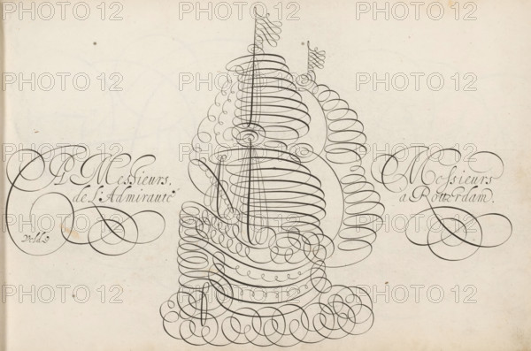 Writing example with admiral's ship, Spieghel der schrijfkonste, print, album page, ornamental print, Admiral's ship drawn from a single continuous line. The line runs from the bottom right to the left halfway up the mast. Two lines of text on both sides of the ship., printmaker: Simon Frisius, Haarlem, after design by Jan van de Velde (I), Rotterdam, dedicated to: Admiralty of Rotterdam, 1605, paper, engraving, gravure, height 210 mm x width 320 mm, ships (in general), calligraphy, A cream-colored sheet with fine black ink calligraphic flourishes forming a large central ornamental shape composed of overlapping spiral loops and vertical strokes, with smaller swirling loops and rounded coils decorating its base and sides, and two large symmetrical looping ornaments positioned toward the left and right edges connected by elegant curving lines, all drawn in a thin consistent pen line on a slightly aged paper background.