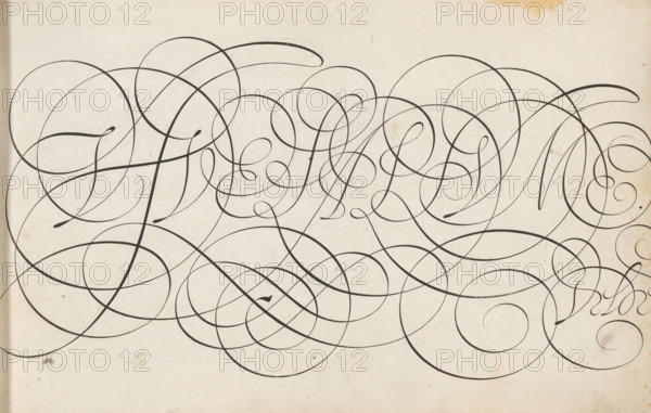 Writing example: Vive la plume, Mirror of Writing Konste, print, album page, ornament print, In excessively curled and interwoven Italian capital letter the text: Vive la plume. Bottom right: Velde., printmaker: Simon Frisius, Haarlem, after design by Jan van de Velde (I), Rotterdam, 1605, paper, engraving, height 210 mm x width 320 mm, calligraphy, A cream-colored page with a slightly aged texture is covered by many overlapping thin black curved lines and elegant looping flourishes that traverse the surface in sweeping arcs and spirals, with some lines varying subtly in thickness and ending in tapered points or teardrop shapes, and faint smudges and small stains visible on the background.