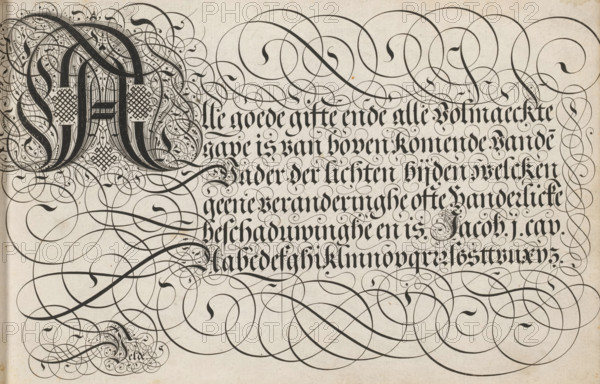 Writing example: Alle goede gifte, Spieghel der schrijfkonste, print, album page, ornamental print, Writing example with ornamented initial A and six lines of text: Alle goede gifte ... (James 1). The example ends with a lowercase alphabet in the hand in question. The text is framed by scrollwork., printmaker: Simon Frisius, Haarlem, after design by Jan van de Velde (I), Rotterdam, 1605, paper, engraving, gravure, height 210 mm x width 320 mm, calligraphy, An aged paper sheet filled with dense black ornamental calligraphy and elaborate swirling flourishes, featuring a large decorative capital on the left composed of thick shaded strokes and patterned fill surrounded by intricate filigree, a block of tightly spaced gothic-style letterforms occupying the upper right with delicate ornamental curls and small botanical-like embellishments woven between the strokes, and extensive looping arabesques that flow across the lower half of the sheet forming layered curving ribbons and teardrop-shap...