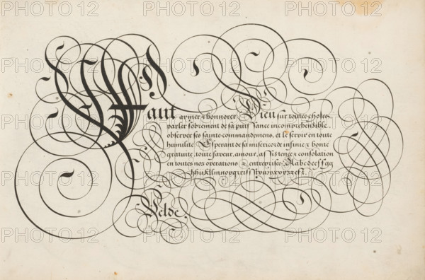 Writing example: Faut aymer, Spieghel der schrijfkonste, print, album page, ornamental print, Writing example with ornamented initial F and seven lines of text: Faut aymer ... At the bottom a lowercase alphabet in the corresponding hand. The text is framed by scrollwork., printmaker: Simon Frisius, Haarlem, after design by Jan van de Velde (I), Rotterdam, 1605, paper, engraving, gravure, height 210 mm x width 320 mm, calligraphy, A large sheet with dark ornate calligraphic flourishes filling the upper and middle area, featuring thick and thin sweeping spirals and loops that interlace across the page, with a denser block of fine black script tucked among the swirls near the top center, and additional elegant looping strokes extending to the right and left margins, all set against a slightly aged, off-white paper background with small speckles and faint stains.