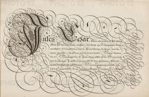 Writing example: Jules Cesar, Spieghel der schrijfkonste, print, album page, ornamental print, Writing example with ornamented initial J and eight lines of text: Jules Cesar ... At the bottom a lowercase alphabet in the corresponding hand. The text is framed by scrollwork., printmaker: Simon Frisius, Haarlem, after design by Jan van de Velde (I), Rotterdam, 1605, paper, engraving, gravure, height 210 mm x width 320 mm, calligraphy, An ornate sheet filled with elaborate black ink flourishes and swirls on a pale background, featuring large densely hatched curved shapes on the left that transition into looping, ribbon-like strokes spreading across the page, with tightly packed decorative curls and fine hairline loops clustered near the center and margins, and broader sweeping spirals and elliptical bands occupying the lower and right areas, all rendered with varying line thicknesses and occasional shaded fills.
