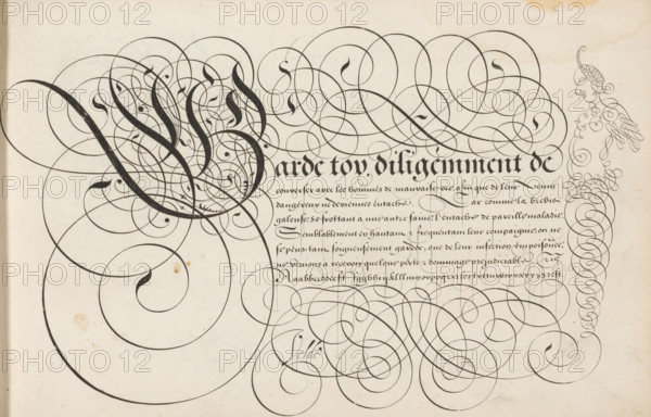 Writing example: Garde toy, Spieghel der schrijfkonste, print, album page, ornamental print, Writing example with ornamented initial G and seven lines of text in French: Garde toy ... At the bottom, a lowercase alphabet in the corresponding hand. The text is framed by scrollwork. On the right side, a herm or boundary column in scrollwork., printmaker: Simon Frisius, Haarlem, after design by Jan van de Velde (I), Rotterdam, 1605, paper, engraving, gravure, height 210 mm x width 320 mm, calligraphy, An aged sheet filled with ornate black ink flourishes and looping calligraphic strokes, dominated by large sweeping spirals and thick curved strokes on the left that weave into a dense cluster of intertwined fine lines, with smaller teardrop-shaped filled marks interspersed among the loops; a block of darker, dense script-like strokes sits near the upper center surrounded by more delicate looping patterns that extend across the page, while the right margin features a vertical column of tight ...