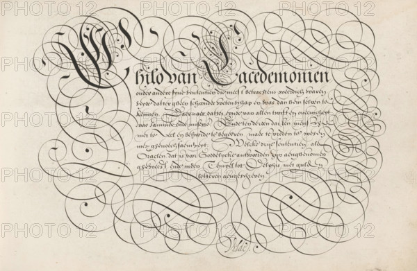 Writing example: Chilo van Lacedemonien, Spieghel der schrijfkonste, print, album page, ornamental print, Writing example with ornamented initials C and L and ten lines of text in Dutch: Chilo van Lacedemonien ... letters written. The text is framed by scrollwork., printmaker: Simon Frisius, Haarlem, after design by Jan van de Velde (I), Rotterdam, 1605, paper, engraving, gravure, height 210 mm x width 320 mm, calligraphy, An off-white sheet with dense dark calligraphic flourishes forming large looping curves across the top, sides, and bottom, framing a central block of ornate handwriting in a bold blackletter style; the flourishes vary in thickness and end in teardrop-shaped terminals, with some sections containing finer, tightly wound spirals and dots; the paper shows a subtle textured grain and small scattered specks and faint smudges, and the overall composition is symmetrical with heavy decorative swirls concentrated around the edges and lighter script strokes in the middle.