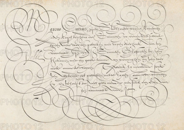 Writing example: Marcus Curius, Spieghel der schrijfkonste, print, album page, ornamental print, Writing example with nine lines of text in Dutch: Marcus Curius ... avontmael te vreden. The text is framed by scrollwork., printmaker: Simon Frisius, Haarlem, after design by Jan van de Velde (I), Rotterdam, 1605, paper, engraving, gravure, height 210 mm x width 320 mm, calligraphy, A sheet with a light aged paper background covered in dark flowing ink strokes that form large looping spirals and elegant curving flourishes interwoven across the page, with denser, finer cursive-like strokes concentrated toward the upper center and right, and bolder sweeping loops framing the left and lower edges, the overall composition showing repeated circular and ribbonlike shapes varying in thickness and curvature against a slightly textured, worn paper surface.
