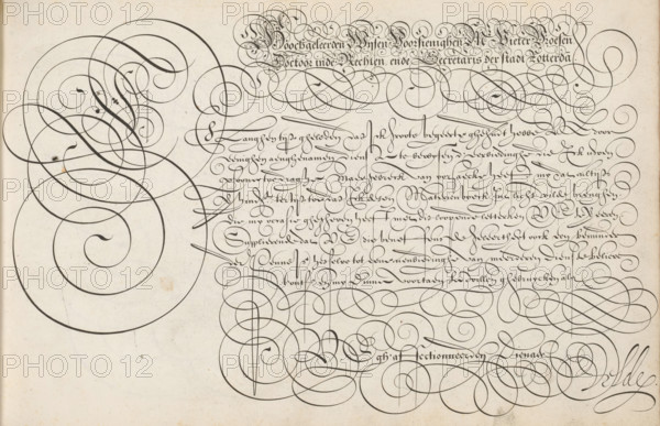 Writing example: Hoochgeleerden Wijsen, Spieghel der schrijfkonste, print, albumblad, ornamentalprent, Writing example with the opening: Hoochgeleerden Wijsen Voorsienighen Mr Pieter Vroesen, Doctor of Law and Secretary of the city of Rotterdam. Below that, in a different font, an ornamented initial and eight lines of text in Dutch. The text is framed by scrollwork., printmaker: Simon Frisius, Haarlem, after design by Jan van de Velde (I), Rotterdam, dedicated to: Pieter Vroesen, 1605, paper, engraving, gravure, height 210 mm x width 320 mm, calligraphy, A textured off-white sheet fills the image, covered with dense flowing dark ink strokes forming elaborate looping calligraphic swirls and flourishes that range from thick to thin. The inked lines create large circular spirals on the left and complex interwoven loops across the top and right, with smaller graceful curves and ornate penmanship clustered in horizontal bands toward the center. Some areas show tiny ink blots and faint paper...