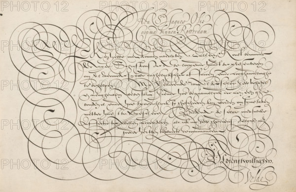 Writing sample: To S. Jacques Olis, Mirror of the Art of Writing, print, album page, ornamental print, merchant in Rotterdam. Below that, in a different font, an ornamented initial I and nine lines of text in Dutch: I have not been able to neglect ... The text is framed by scrollwork., printmaker: Simon Frisius, Haarlem, after design by Jan van de Velde (I), Rotterdam, dedicated to: Jan Olis, 1605, paper, engraving, gravure, height 210 mm x width 320 mm, calligraphy, A sheet filled with dark ink flourishes and cursive strokes on an off-white, slightly textured background, showing dense, looping ornamental lines that sweep across the page and interlace with finer, tightly written calligraphic lines clustered toward the upper center and right. The left side is dominated by broad, overlapping spirals and large curved strokes that extend toward the center, while the lower portion contains additional sweeping loops that weave together. The right edge features a vertical line of elegant, flo...