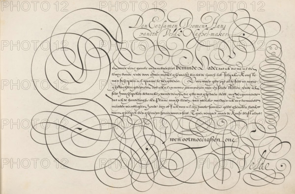 Writing sample: To the honorable pious Hans vanden Velde, Mirror of the Art of Writing, print, album page, ornamental print, Writing sample with the opening: To the honorable pious Hans vanden Velde nail-maker. Below that, in a different font, an initial H and eight lines of text in Dutch: To which a great indifference ... The text is framed by scrollwork., printmaker: Simon Frisius, Haarlem, after design by Jan van de Velde (I), Rotterdam, dedicated to: Hans van de Velde, 1605, paper, engraving, gravure, height 210 mm x width 320 mm, calligraphy, A sheet with dense black ink flourishes and looping ornamental strokes sweeping across a light, slightly textured background, including large circular spirals and overlapping curving lines that form intricate scrollwork dominating the left and center, a vertical column of tight stacked ovals and a small circular face-like arrangement at the right edge, a block of smaller, tightly spaced cursive-style penmanship near the upper center composed ...