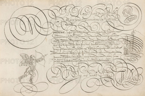 Writing example: A Mons. Jean van de Veke, Spieghel der schrijfkonste, print, albumblad, ornamentprent, Writing example with the opening: A Mons. Jean van de Veke. Marchand tres renomme à Rotterda(m). Below that, in a different font, an initial M and eight lines of text in French: Monsieur, sachant que de tous temps ... The text is framed by scrollwork, with a head in scrollwork next to the opening, Amor at the bottom left, and a ship in the middle right., printmaker: Simon Frisius, Haarlem, after design by Jan van de Velde (I), Rotterdam, dedicated to: Johan van der Veken, 1605, paper, engraving, gravure, height 210 mm x width 320 mm, cupids: 'amores', 'amoretti', 'putti', ships (in general), head (human), calligraphy, A faded off-white sheet filled with elaborate dark ink flourishes and curving lines forming large looping spirals and ornate calligraphic swashes; the upper left shows a cluster of concentric circular loops, while sweeping ornamental strokes thread across the top and mi...