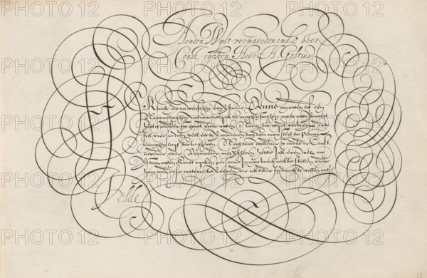 Writing sample: To the widely renowned, Mirror of the Art of Writing, print, album page, ornamental print, Writing sample with the opening: To the widely renowned and very conscientious Lord H. Goltius. Below that, in a different font, an initial I and eight lines of text in Dutch: I would ... The text is framed by scrollwork., printmaker: Simon Frisius, Haarlem, after design by Jan van de Velde (I), Rotterdam, dedicated to: Hendrick Goltzius, 1605, paper, engraving, gravure, height 210 mm x width 320 mm, calligraphy, A cream-colored sheet covered with dense, flowing dark ink flourishes that form large looping curves and intertwined spirals around a central block of ornate cursive script, with elegant thin and thick strokes creating symmetrical decorative swirls along the top, sides, and bottom, and faint paper texture and subtle smudges visible across the background.