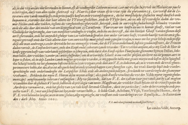 Dedication to the bailiff, mayors, aldermen, and councilors of the city of Rotterdam, page 2 of 2, To the honorable, wise, and provident gentlemen, Spieghel der schrijfkonste, album page, text sheet, Text sheet with a dedication to the bailiff, and councilors of the city of Rotterdam. The text is signed: Jan vanden Velde, Antverp. The text sheet is part of an album., writer (clerical worker): Jan van de Velde (I), dedicated to: Bailiff, Burgomasters, Aldermen and the Council of Rotterdam, 1605-05-01, writer (clerical worker), paper, letterpress printing, text in letterpress, height 210 mm x width 315 mm, In the text, Simon Frisius is mentioned as the engraver of the designs by Jan van de Velde (I)., A rectangular sheet with an aged, yellowed background and uneven darker edges shows closely spaced lines of dark, cursive-like markings across the upper portion, leaving a wide blank area along the lower portion; the markings form dense horizontal bands with variations in darkness and occas...