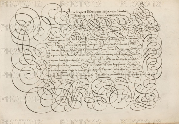 Writing example: A tres expert, Spieghel der schrijfkonste, print, album page, ornamental print, Writing example with the opening: A tres expert escrivain Felix van Sambix. Maistre de la Plume Couronnée. Below that, in a different font, an initial P and eight lines of text in French: Plusieure peut estre ... At the bottom: Aisné Velde. The text is framed by scrollwork., printmaker: Simon Frisius, Haarlem, after design by Jan van de Velde (I), Rotterdam, dedicated to: Felix van Sambix, 1605, paper, engraving, gravure, height 210 mm x width 320 mm, calligraphy, A sheet with dark flowing ink flourishes and ornamental spirals sprawling across a pale, textured background, featuring dense looping curves concentrated toward the center and edges, finer curving lines forming a rectangular block of tightly spaced script-like strokes near the top center, and larger broad strokes creating overlapping circular swirls around the sides and lower area, all rendered in a single dark brown ink on an age...