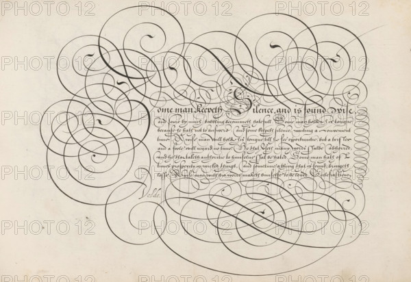 Writing sample: Some man keepeth silence, Spieghel der schrijfkonste, print, album page, ornamental print, Writing sample with initial S and eight lines of text in English: Some man keepeth silence ... The text is framed by scrollwork., printmaker: Simon Frisius, Haarlem, after design by Jan van de Velde (I), Rotterdam, 1605, paper, engraving, gravure, height 210 mm x width 320 mm, calligraphy, A cream-colored sheet with dense, dark ornamental calligraphic swirls spanning across the top and sides, forming large overlapping spirals and looping flourishes that weave into and over a block of ornate handwritten script. The script sits centrally under the heaviest loops and is rendered in a dark, formal hand with decorative initial strokes and compact lines. Along the right margin a vertical column of repeated oval loops runs parallel to the edge. The background shows a slightly aged paper texture with small speckles and faint creases.