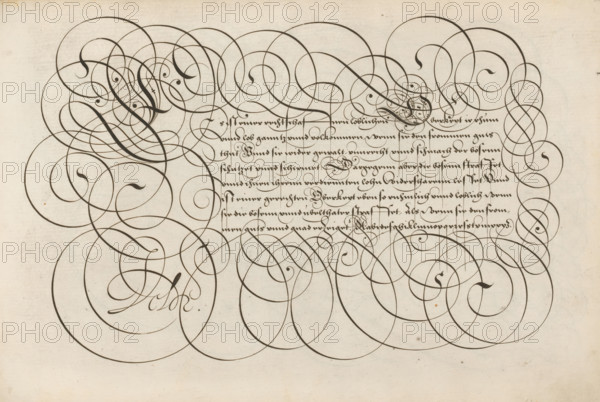 Writing example: Es ist, Spieghel der schrijfkonste, print, album page, ornamental print, Writing example with initial E and eight lines of text in German: Es ist ... quad erheiget(?). The example ends with a lowercase alphabet in the hand in question. The text is framed by scrollwork., printmaker: Simon Frisius, Haarlem, after design by Jan van de Velde (I), Rotterdam, 1605, paper, engraving, gravure, height 210 mm x width 320 mm, calligraphy, A sheet with dense ornamental calligraphic swirls and flourishes drawn in dark ink across a light, slightly textured background, with a central block of tightly spaced cursive script partially surrounded and overlapped by large looping spirals, curving hooked strokes, teardrop-shaped terminals, and interlacing circular lines that extend toward the edges of the page, showing variations in line thickness and faint paper discoloration and small spots.