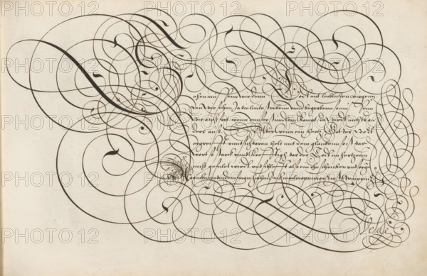Writing example: Sehen, Spieghel der schrijfkonste, print, album page, ornamental print, Writing example with initial S and eight lines of text in German: Sehen ... The example ends with a lowercase alphabet in the hand in question. The text is framed by scrollwork., printmaker: Simon Frisius, Haarlem, after design by Jan van de Velde (I), Rotterdam, 1605, paper, engraving, gravure, height 210 mm x width 320 mm, calligraphy, A large sheet with dense black ink flourishes sweeping across the surface, featuring many looping curved lines that overlap and intersect to form ornate spirals and rounded shapes, with several thicker strokes accenting some curves; towards the center-right an area of tightly spaced cursive strokes forms a block of flowing handwritten script, and smaller decorative swirls cluster around and within that area; the background is a light, slightly textured paper with subtle age-toned edges, and the overall composition is dominated by elegant calligraphic ornamentation ...
