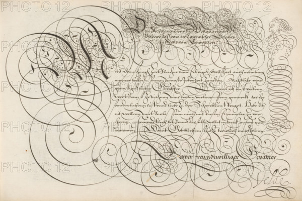 Writing sample: Den achtbarem unnd volgelartem, Spieghel der schrijfkonste, print, album page, ornamental print, Writing sample with the opening: Den achtbarem unnd volgelartem Mr Philippo Lassonio der lateynischer schulen In Rotterdam connrectori. Below that an ornamented initial M(?) and eight lines of text in German. Signed: Euuer freundtwilliger gevatter, Velde. The text is framed by scrollwork. On the right a herme or border column in scroll work., printmaker: Simon Frisius, Haarlem, after design by Jan van de Velde (I), Rotterdam, dedicated to: Philips Lasson, 1605, paper, engraving, gravure, height 210 mm x width 320 mm, calligraphy, A sheet of aged paper filled with dense black ink flourishes and calligraphic loops forming large spirals and intricate decorative swirls that cover much of the surface, with thicker curved strokes interweaving thinner filigree lines and small teardrop-shaped accents; a cluster of tightly wound ornamental loops occupies the upper right edge while ex...