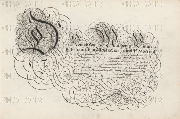 Writing example: Der konigh vonn Macedonien, Spieghel der rijkonste, Thrésor litéraire, print, album page, ornament print, Writing example with ornamented initials D, K, M and P and ten lines of text in German: Der konigh vonn Macedonien ... The text is framed by curling work., printmaker: Simon Frisius, Haarlem, after design by Jan van de Velde (I), Rotterdam, 1605, paper, engraving, gravure, height 210 mm x width 320 mm, calligraphy, A sheet with dense black ornamental penwork forming large looping flourishes and curving lines across the upper left and center, with several thick dark curved strokes filled with fine filigree and dot patterns, and zones of tightly packed swirling motifs that create cloudlike shapes; the right side shows similar intricate loops and smaller clustered ornamental curls above a block of tightly written script formed in a dark ornate hand; faint pencil or ink guide circles and pale smudges are visible on the background, which is a light aged paper with small...
