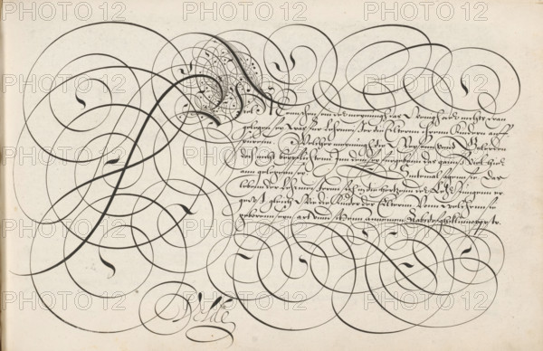 Writing example: Viel menschen, Spieghel der schrijfkonste, Thrésor litéraire, print, album page, ornamental print, Writing example with ornamented initial V and eight lines of text in German: Viel menschen ... At the bottom a lowercase alphabet in the corresponding hand. The text is framed by scrollwork., printmaker: Simon Frisius, Haarlem, after design by Jan van de Velde (I), Rotterdam, 1605, paper, engraving, gravure, height 210 mm x width 320 mm, calligraphy, A cream-colored sheet filled with flowing black ink flourishes that loop and spiral across the page, varying in thickness from thin hairlines to bold strokes; the upper right and lower left areas are dense with overlapping curlicues while the center-right shows a block of tightly spaced cursive strokes arranged in horizontal lines; small teardrop-shaped ink terminals appear at several curve ends and tiny clustered ornamental dots decorate a compact swirl near the top center; the paper surface shows subtle speckles and faint a...