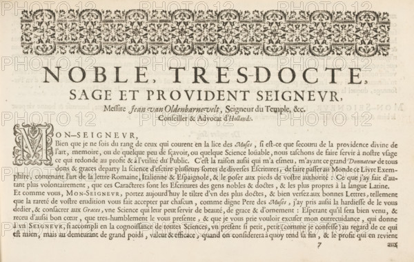 Dedication to Johan van Oldenbarnevelt, page 1 of 2, Noble, Tres-Docte, Sage et Provident Seigneur, Thrésor litéraire, Spieghel der schrijfkonste, album leaf, text sheet, Text sheet with a dedication to Johan van Oldenbarnevelt, page 1 of 2. The text begins with a decorated initial M. Above the text is an ornamental border of fleurons. The text sheet is part of an album., writer (clerical worker): Jan van de Velde (I), Rotterdam, dedicated to: Johan van Oldenbarnevelt, 1605-05-01, writer (clerical worker), paper, letterpress printing, woodcut, text in letterpress, height 210 mm x width 315 mm, initial, A section of an aged printed page with ornamental borderwork across the top, featuring repeated floral and scroll motifs in dark ink on a light background, below which a large decorative initial sits at the left margin beside dense lines of smaller printed words that extend across the width of the page; the paper shows slight discoloration and a few small spots, and the layout includes w...