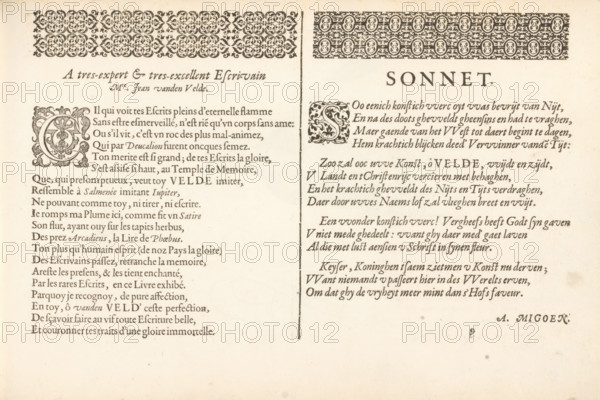 Two threshold poems, Spieghel der schrijfkonste, Thrésor litéraire, album page, text sheet, Text sheet with a French and a Dutch threshold poem, in two columns. At the top two ornamental borders of fleurons and the decorated initials C and S. The text sheet is part of an album., writer (clerical worker): Abraham Migoen, writer (clerical worker): anonymous, publisher: Jan van de Velde (I), Rotterdam, 1605, writer (clerical worker), paper, letterpress printing, woodcut, text in letterpress, height 210 mm x width 315 mm, initial, The image shows a two-column page of printed text on aged paper with a decorative patterned border across the top and an ornamental vertical rule separating the columns. The left column contains a large ornate initial letter with intricate floral and scrollwork details at the start of a block of text, and the right column includes a different elaborate initial letter with floral decoration before its text. Both columns feature serif type in a dark ink and have va...