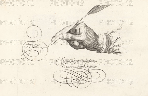 Right hand with quill, Spieghel der schrijfkonste, Thrésor litéraire, print, album page, ornamental print, Frysius writing. With two-line caption in French: Voicy la forme methodique ..., printmaker: Simon Frisius, Haarlem, after design by Jan van de Velde (I), Rotterdam, 1605, paper, engraving, gravure, height 171 mm x width 231 mm, height 210 mm x width 320 mm, calligraphy, quill, handwriting, writing as activity, A detailed ink drawing of a right hand holding a long quill pen, the hand rendered with fine crosshatching and visible fingernails, wrist emerging from a ruffled sleeve with flowing linework; to the left and below the hand are elaborate looping ornamental pen flourishes drawn in smooth dark strokes, and the background is a textured off-white paper with small spots and faint smudges.