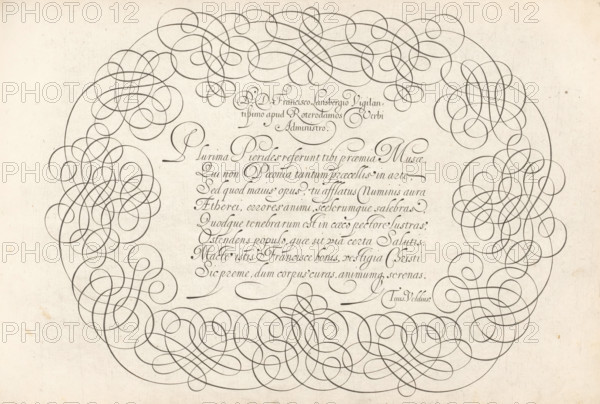 Writing example: DD Francisco Lansbergio, Thrésor litéraire, Spieghel der rijkonste, print, album page, ornament print, Writing example with the salutation: DD Francisco Lansbergio vigilantissimo apud Roterodamos verbi administro. Below that, eight lines of text in Latin: Plurima pieridus referunt ... Signed: Tuus Veldius. The text is framed by scrollwork., printmaker: Simon Frisius, Haarlem, after design by Jan van de Velde (I), Rotterdam, dedicated to: Franciscus Lansbergen, 1605, paper, engraving, gravure, height 210 mm x width 320 mm, calligraphy, A faded off-white page filled with dense, looping ornamental pen strokes forming an ornate circular frame around a block of flowing cursive script; the frame consists of continuous dark gray lines that intertwine into symmetrical, decorative knots and swirls around the perimeter, with additional ornamental curves extending inward and outward, while the central area contains neat, slanted handwritten lines in a darker ink with elegant flou...