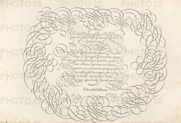 Writing sample: Ad doctiss. clarissismumque, Mirror of writing skills, Thrésor litéraire, print, album page, ornament print, Writing example with the salutation: Ad doctiss. clarissismumque virum dnu Petrum Carpenterium scholae Rotterodamensis rectore vigilantissimum. Below that, eight lines of text in Latin: Non levis est ... Signed: Tibi addictissimus Veldius. The text is framed by scrollwork., printmaker: Simon Frisius, Haarlem, after design by Jan van de Velde (I), Rotterdam, dedicated to: Pieter de Carpentier (?-1620), 1609, paper, engraving, gravure, height 210 mm x width 320 mm, calligraphy, A sheet with a central column of ornate cursive script surrounded by an elaborate circular frame of continuous dark looping flourishes and ornamental swirls, the frame forming a wide oval that leaves a lighter interior space; the loops vary in thickness and overlap to create intricate intertwined patterns, with additional smaller decorative swirl motifs positioned above and below the central...