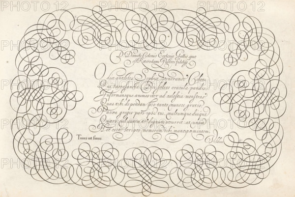 Writing example: D. Daniels Colonio ecclesiae Gallie, Thrésor litéraire, Spieghel der rijkonste, print, album page, ornament print, Writing example with the salutation: D. Daniels Colonio ecclesiae Gallie quae est Roterodami pastori fideliss. Below that, seven lines of text in Latin: O diae antistes ... Signed: Tuus ut suus Veldius. The text is framed by scrollwork., printmaker: Simon Frisius, Haarlem, after design by Jan van de Velde (I), Rotterdam, dedicated to: Daniel Colonius, 1605, paper, engraving, gravure, height 210 mm x width 320 mm, calligraphy, A rectangular sheet with a lightly speckled off-white background features an ornate border of continuous dark curved lines forming looping, symmetrical flourishes along the top, sides, and bottom, leaving a central open area; the central area contains a block of elegant cursive strokes arranged in horizontal lines, with additional larger decorative swirls integrated among them, and small isolated oval and circular loops positioned nea...