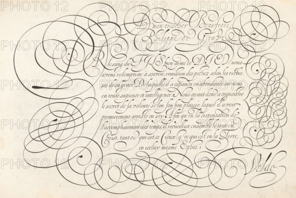 Writing example: A mon tres cher beaufrere, Thrésor litéraire, Mirror of writing skills, print, album page, ornament print, Writing example with the salutation: A mon tres cher beaufrere Philippe de Grave. Below that, nine lines of text in French: Par le sang du fils ... The text is framed with scrollwork., printmaker: Simon Frisius, Haarlem, after design by Jan van de Velde (I), Rotterdam, dedicated to: Philips de Grave, 1605, paper, engraving, height 210 mm x width 320 mm, calligraphy, A sheet of aged paper filled with ornate, flowing calligraphic strokes and large decorative swirls that loop and intersect across the page, with dense clusters of elegant pen flourishes framing the central area and sweeping curves extending toward the edges, all rendered in dark ink on a light, slightly textured background.