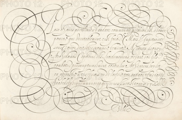 Writing sample: Lux choses perilleuses, Thrésor litéraire, Spieghel der schrijfkonste, print, album page, ornamental print, Writing sample with seven lines of text in French: Lux choses perilleuses ... The text is framed with scrollwork., printmaker: Simon Frisius, Haarlem, after design by Jan van de Velde (I), Rotterdam, 1605, paper, engraving, gravure, height 210 mm x width 320 mm, calligraphy, A pale aged paper filled with elegant dark ink calligraphy and large decorative flourishes, featuring looping spirals and sweeping curved lines that intertwine across the page, with a block of cursive script arranged in horizontal lines occupying the central area, dense ornamental swirls framing the left and bottom edges and a column of repeated looped motifs along the right edge, all drawn with varied line thickness and smooth flowing strokes on a lightly textured background.