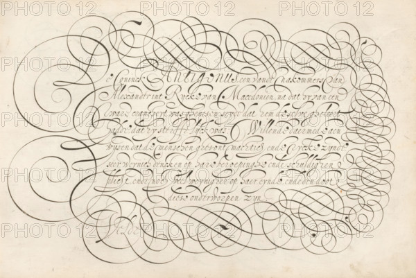 Writing example: The King Antigonus, Mirror of the Art of Writing, Literary Threat, print, album page, ornamental print, Writing example with eight lines of text in Dutch: The King Antigonus ... The text is framed with scrollwork., printmaker: Simon Frisius, Haarlem, after design by Jan van de Velde (I), Rotterdam, 1605, paper, engraving, gravure, height 210 mm x width 320 mm, calligraphy, A sheet with dense dark ink calligraphic flourishes and cursive writing on a light, slightly textured background, featuring large sweeping spiral loops framing and interweaving around finer, elegant cursive lines that run horizontally across the center, with ornate curlicues and overlapping rounded strokes filling the margins and corners, and faint paper imperfections visible near the edges.