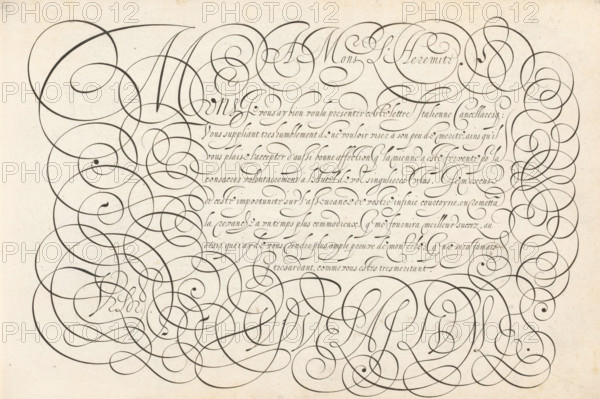 Writing example: A Mons. L'Heremite, Spieghel der schrijfkonste, Thrésor litéraire, print, album page, ornamental print, Writing example with the opening: A Mons. L'Heremite (Jacques l'Heremite or his namesake father?). Below that, eight lines in French: Mons. Je vous ay bien voulu ... The text is framed with scrollwork. Also the signature of Van de Velde in scrollwork., printmaker: Simon Frisius, Haarlem, after design by Jan van de Velde (I), publisher: Jan van de Velde (I), Rotterdam, dedicated to: Jacques l' Heremite (II), 1605, Simon Frisius, Jan van de Velde (I), Jacques l'Hemite (II), printmaker, after design by, publisher, paper, engraving, height 210 mm x width 320 mm, calligraphy, An aged rectangular sheet with a light beige background covered by densely looping dark ink flourishes that form large overlapping spirals and elegant curved strokes along the margins and center, with a band of more compact, flowing hand-drawn cursive lines across the upper middle area; the ink lines...