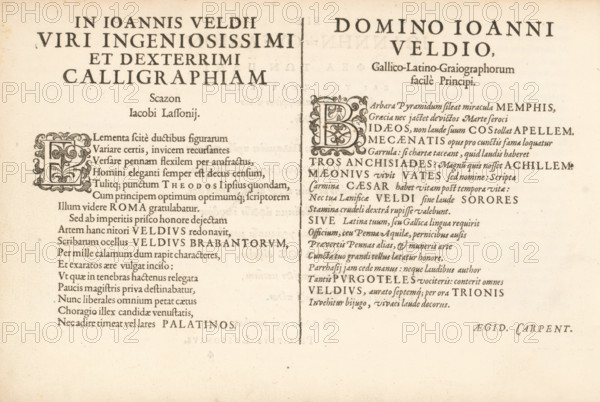 Two Latin threshold poems, Spieghel der Schriftkonste, album page, text sheet, Text sheet with two Latin threshold poems, starting with the decorated initials E and B. The text sheet is part of an album., writer (clerical worker): Jacob Lasson, Delft, writer (clerical worker): Aegidius Carpentier, publisher: Jan van de Velde (I), Rotterdam, 1605, writer (clerical worker), paper, letterpress printing, woodcut, letterpress text, height 210 mm x width 315 mm, initial, The image shows a two-column printed page on aged paper with a vertical dividing line between the columns. The left column features a large ornate initial decorated with floral and scroll motifs and multiple lines of serif text arranged in a justified block, with a larger bold heading near the top. The right column contains a similar ornate initial near its top followed by several lines of serif text in various sizes and weights, including a prominent centered title at the top of the column. Both columns display consistent s...