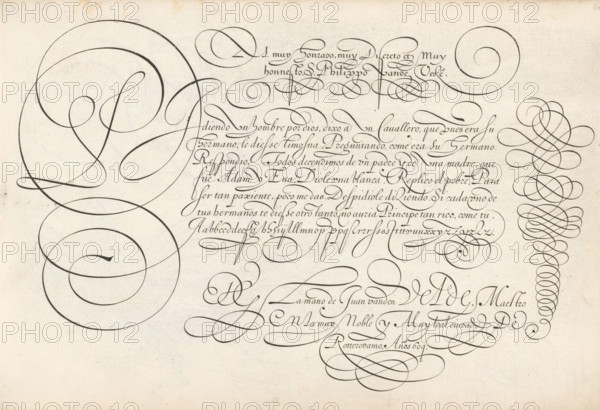 Writing example: Al muy honrado, Thrésor litéraire, Spieghel der schrijfkonste, print, albumblad, ornamentprent, muy discreto et muy honnesto, S. Philippo vande Veke(n). Below that, seven lines of text in Spanish: Pidiendo un hombre ... The text ends with a lowercase alphabet in the same hand and is signed: DG La mano de Juan vanden Velde ... Scrollwork on the right., printmaker: Simon Frisius, Haarlem, after design by Jan van de Velde (I), Rotterdam, dedicated to: Philip vande Veken, 1609, paper, engraving, gravure, height 210 mm x width 320 mm, calligraphy, A cream-colored sheet with delicate brownish ink showing ornate looping calligraphic strokes and large spiraling flourishes across the page, elegant cursive strokes arranged in horizontal lines in the center, dense decorative knots and interlaced loops along the right edge, oversized sweeping circular swirls dominating the left side, and smaller flowing ornamental curves and underlines scattered toward the lower area.