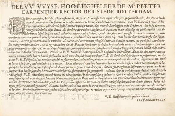 Dedication to Peeter Carpentier, Reverend, wise, highly learned Mr. Peeter Carpentier, Foundation Book, Mirror of the Art of Writing, album page, text sheet, Text sheet with dedication to Pieter de Carpentier. The text begins with a decorated initial E. The text sheet is part of an album., writer (clerical worker): Jan van de Velde (I), Rotterdam, dedicated to: Pieter de Carpentier (?-1620), 1605, writer (clerical worker), paper, letterpress printing, woodcut, text in letterpress, height 210 mm x width 315 mm, initial, A sheet of aged paper with printed serif text covering the upper and central areas, featuring a large decorative initial letter set within an ornate square ornament at the left of the main paragraph, a prominent bold headline centered across the top in larger capital letters, multiple lines of densely set body text arranged in justified blocks beneath the headline, a wide blank margin along the bottom, faint foxing and age spots scattered across the paper, and a small li...