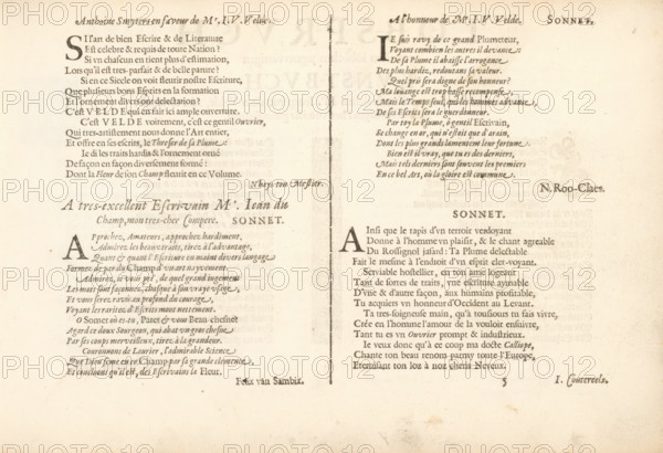 Four Latin threshold poems, Mirror of the Art of Writing, album page, text sheet, Text sheet with four Latin sonnets as a threshold poem. The text sheet is part of an album., writer (clerical worker): Antonius Smyters, writer (clerical worker): Felix van Sambix, writer (clerical worker): Nicolaes Rooclaes, writer (clerical worker): Johan Coutereels, publisher: Jan van de Velde (I), Rotterdam, 1605, writer (clerical worker), paper, letterpress printing, text in letterpress, height 210 mm x width 315 mm, Aged paper with two columns of printed text separated by a thin vertical rule, the left column showing several blocks of serif type set in varying sizes and line spacing, and the right column containing similar blocks of serif text with a larger initial letter at the start of a section; the page exhibits faint foxing and uneven discoloration, darker along the top and outer edges, with a faint watermark or imprint visible near the center right; margins are wide and the layout is symmetric...