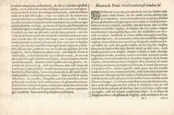How one can properly grasp or hold the pen, To what nature of letters these dryly types of pens shall be used, Use of three types of reed pens (continuation) and an instruction on how to hold the reed pen, Spieghel der schrijfkonste, Fondement-Boeck, album page, text sheet, Folio A2v. Text sheet with the continuation of the description regarding the use of three types of reed pens. Afterwards, an instruction on how to hold the reed pen. The text begins with a decorated initial T. The text sheet is part of an album., writer (clerical worker): Jan van de Velde (I), Rotterdam, 1605, writer (clerical worker), paper, letterpress printing, woodcut, text in letterpress, height 210 mm x width 315 mm, A yellowed page with two columns of dense printed lines separated by a vertical dividing rule, showing an ornate decorative initial at the top of the right column and a centered heading above that column, all set on a textured off-white background with small spots and slight foxing near the edges,...